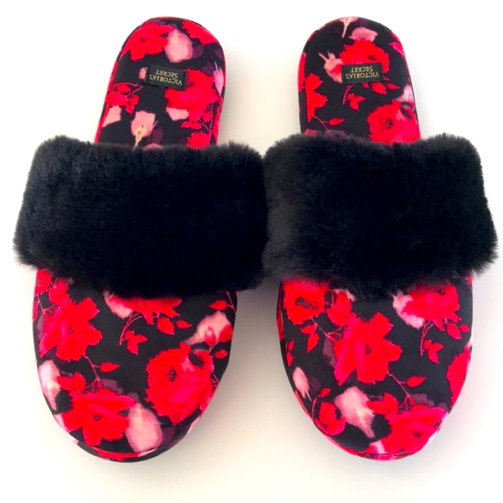 Victoria’s Secret Red & Black Fur Floral Slippers